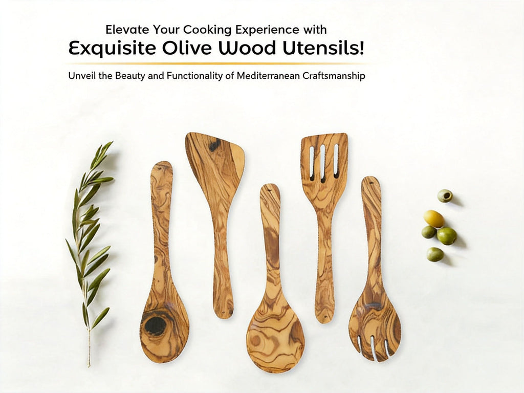 Olive wood kitchen utensil set showing natural grain and handcrafted wooden tools.