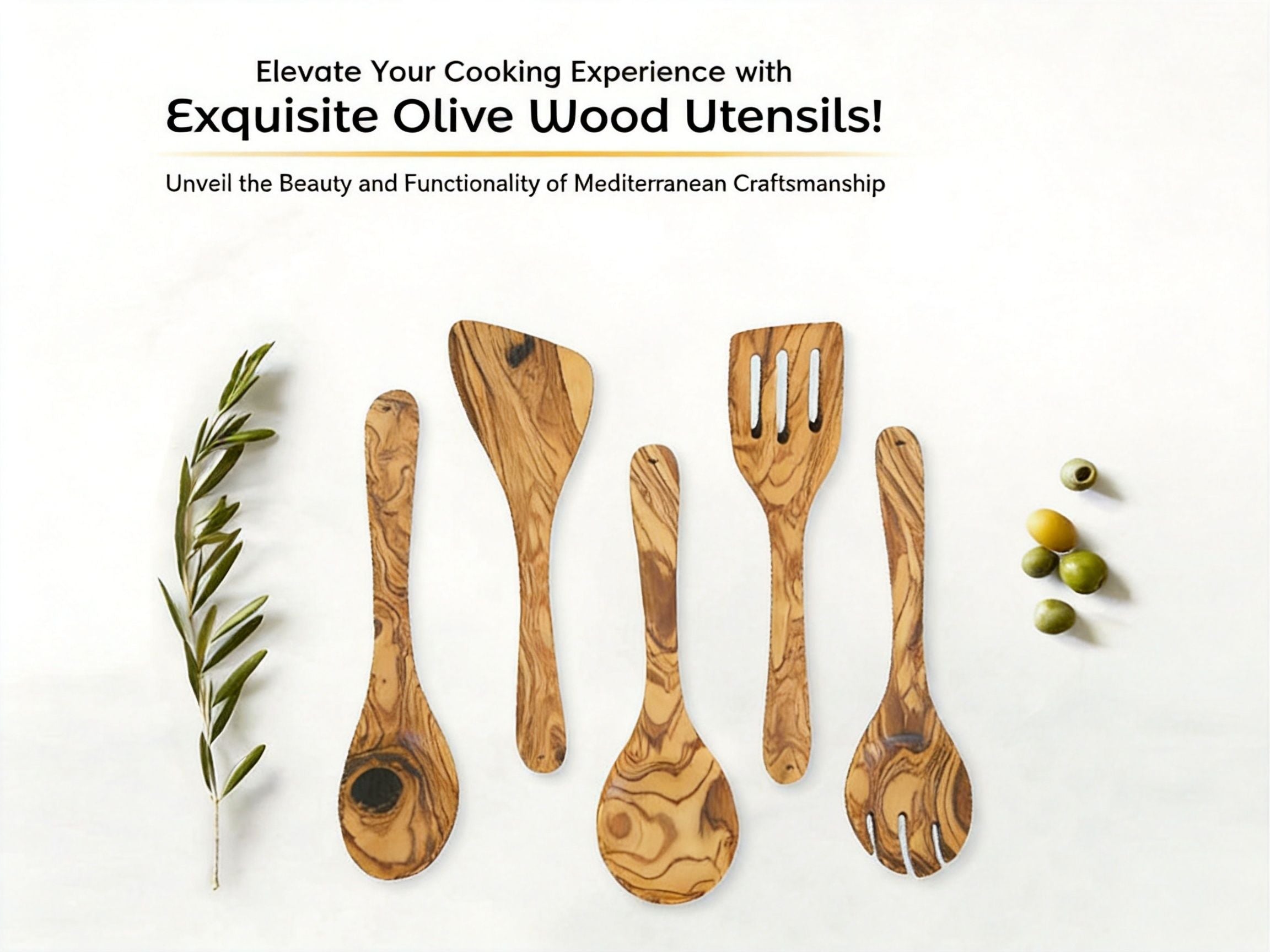 Olive wood kitchen utensil set showing natural grain and handcrafted wooden tools.