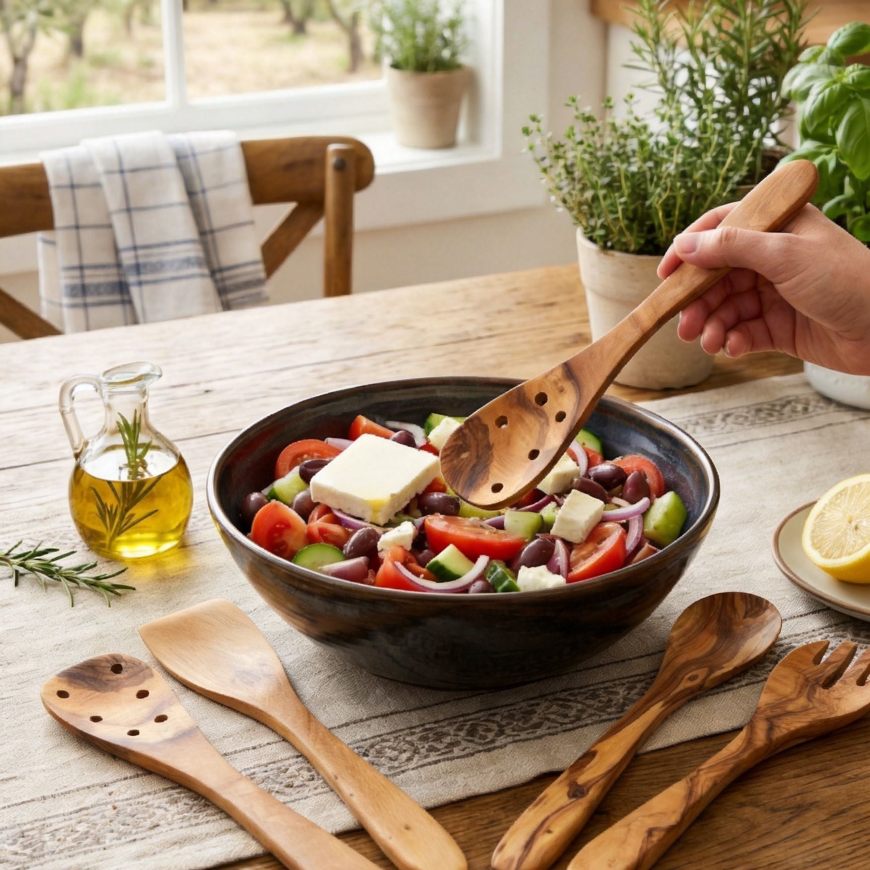 Olive wood kitchen utensils used for tossing salad on a warm kitchen table.