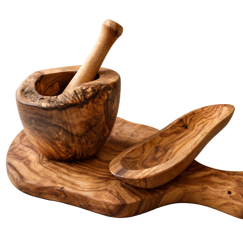 Wooden mortar and pestle set on a beige background