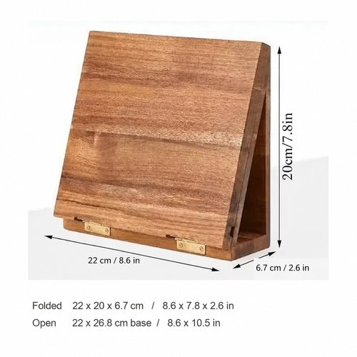 Wood book stand folded flat, 22 x 20 x 6.7 cm, with dimensions marked in cm and inches