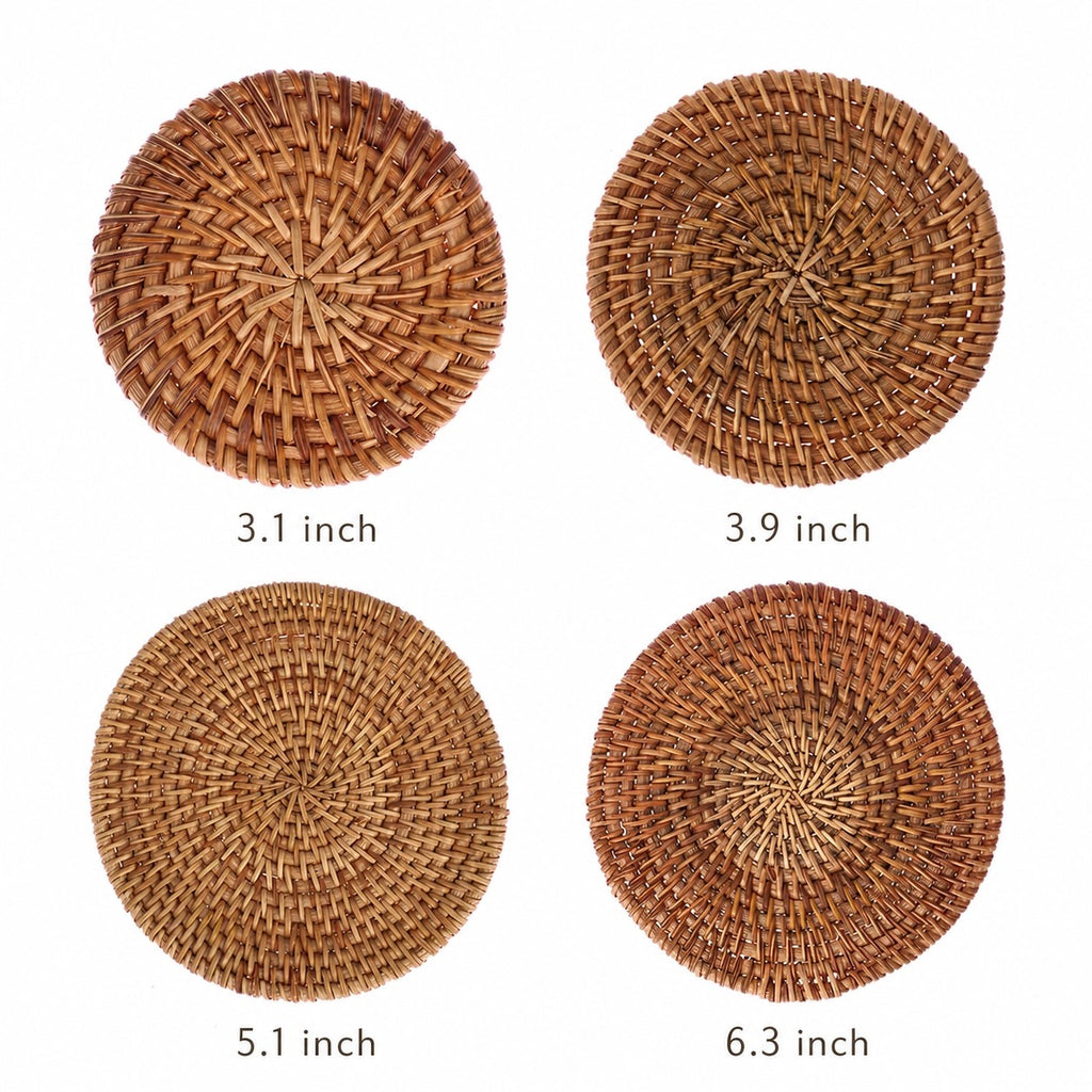 Set of 4 natural rattan coasters showing all four graduated sizes — 3.1 inch, 3.9 inch, 5.1 inch, and 6.3 inch