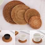 Handwoven rattan coasters under ceramic mugs and bowls on a natural morning table