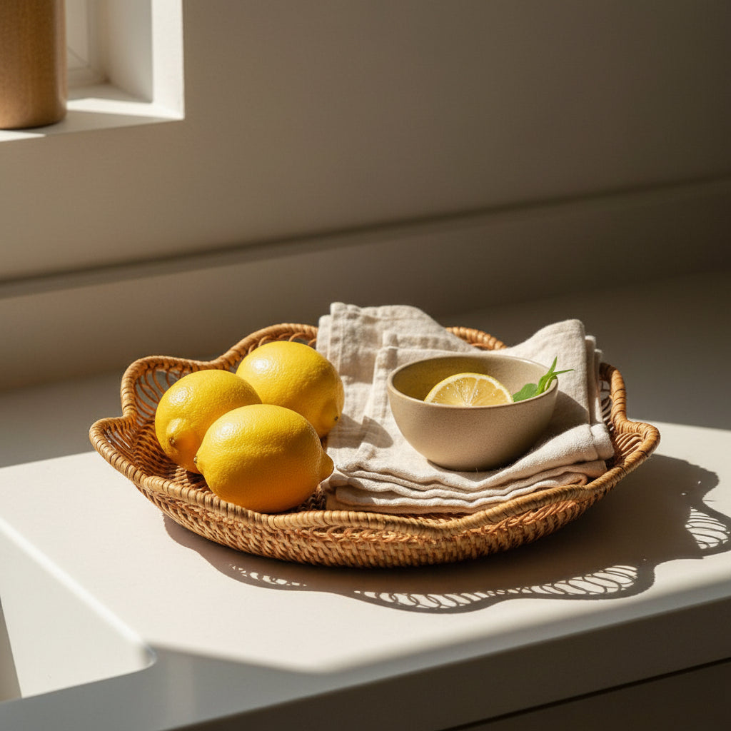 Natural rattan scalloped tray holding fruit on warm wooden kitchen counter