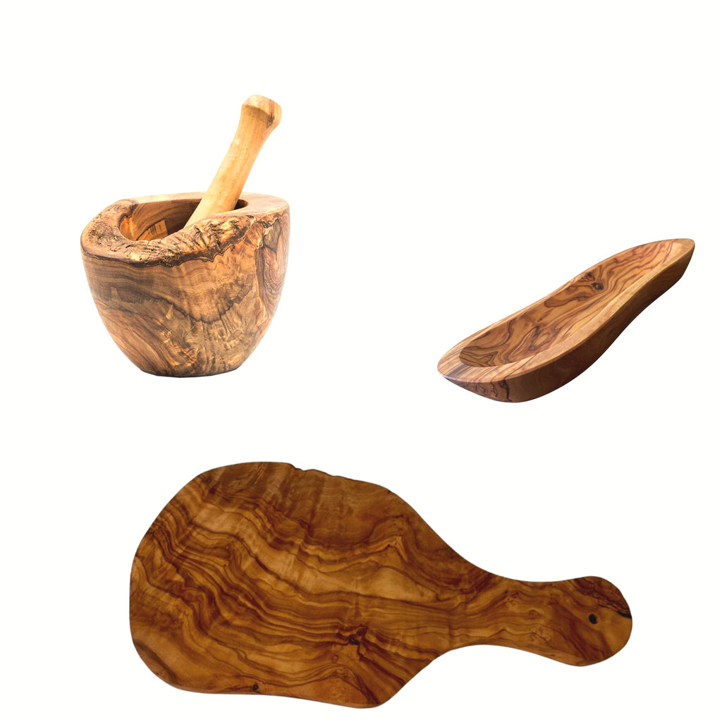Handcrafted Olive Wood 3-Piece Kitchen Set | Mortar & Pestle, Bowl & Cutting Board
