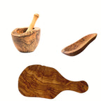Handcrafted Olive Wood 3-Piece Kitchen Set | Mortar & Pestle, Bowl & Cutting Board