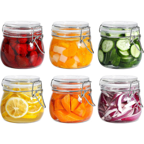 Set of 6 small round glass storage jars with wire bail lids, 17oz 500ml, white background