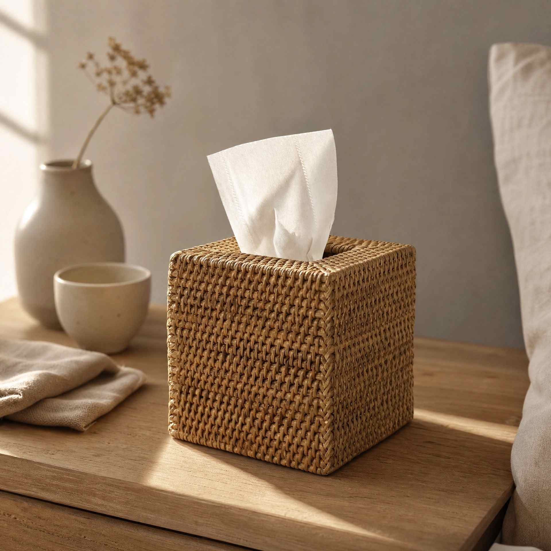 rattan-tissue-box-cover-bedside-natural-light-serein-home-06.jpg
  Alt Text: Natural woven rattan tissue box cover on oak bedside table —
  warm morning light, linen and ceramic props, Serein Home