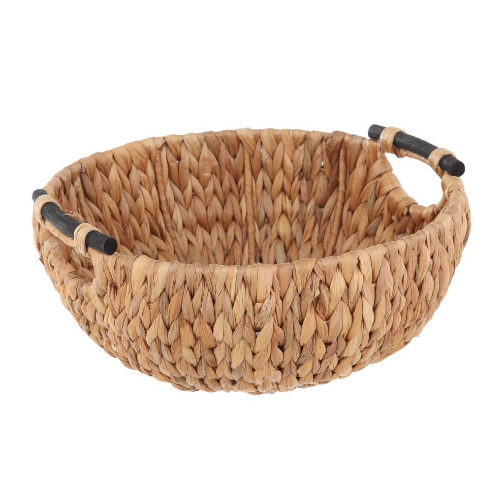 Natural woven water hyacinth decorative bowl with wooden handles, front view