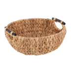 Natural woven water hyacinth decorative bowl with wooden handles, front view