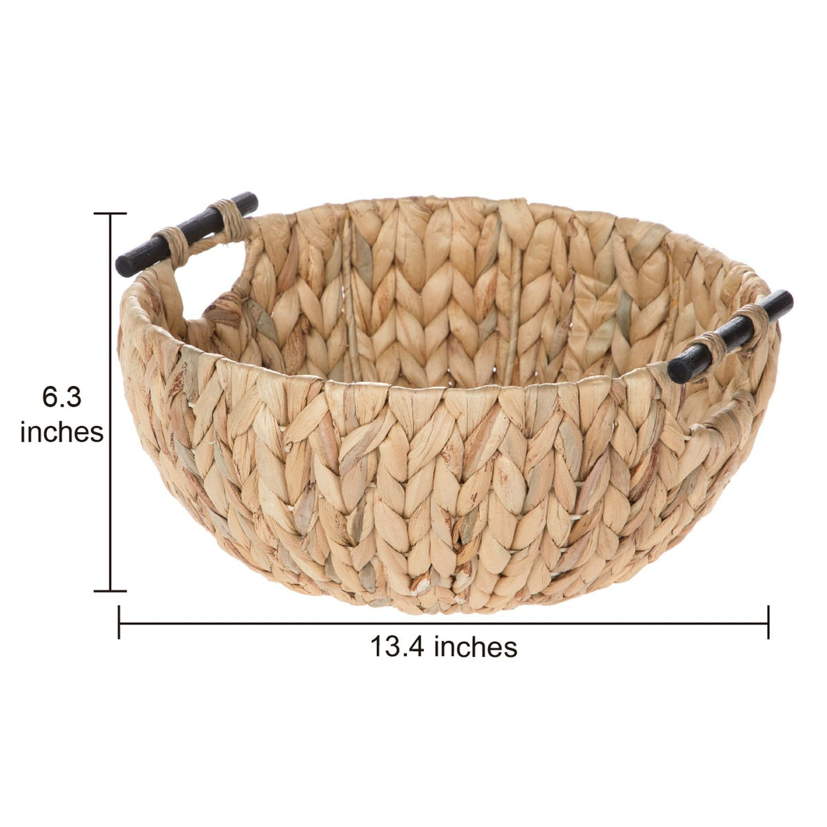 Neutral woven water hyacinth bowl shown to convey its 14-inch tabletop size