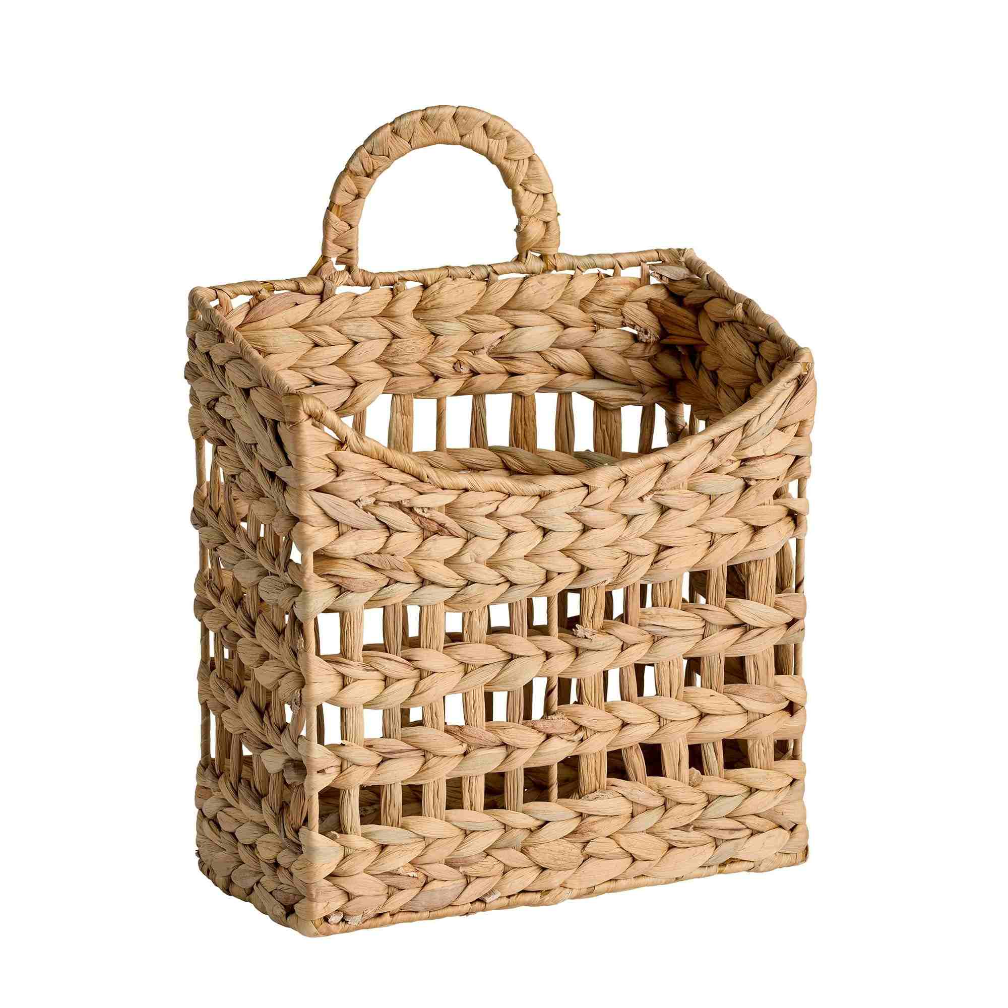 Natural water hyacinth square hanging basket with loop handle on white background — open weave, 14.2", Serein Home