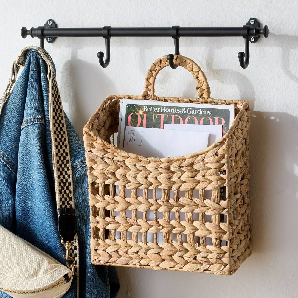 Water hyacinth square basket hanging on black wall hook rail — entryway display, natural woven fiber, Serein Home
