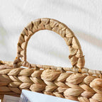 Close-up of water hyacinth basket woven loop handle — top grip detail, natural fiber construction, Serein Home