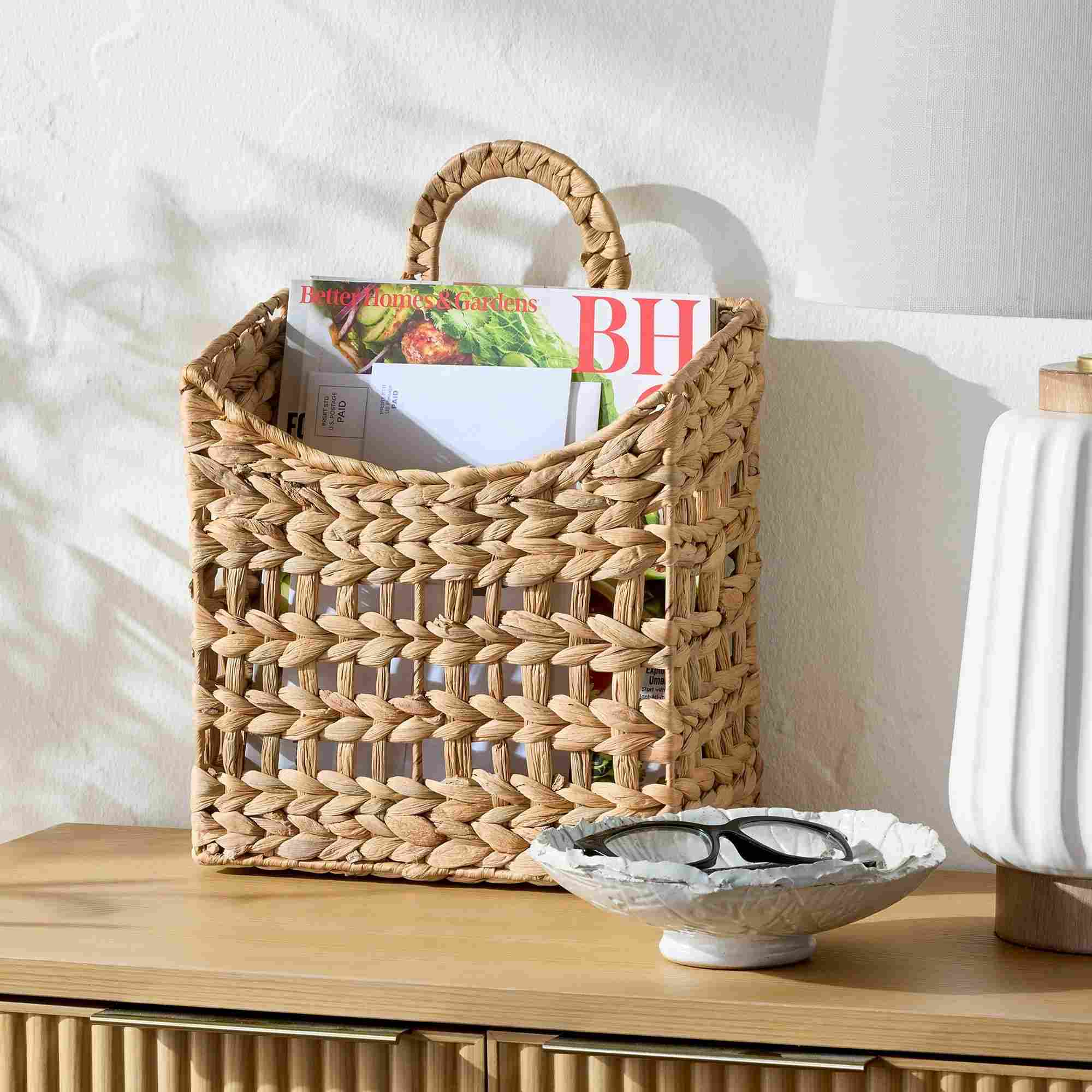 Water hyacinth square hanging basket on wooden surface with items stored inside — tabletop display, Serein Home
