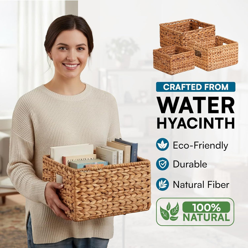 Person holding a woven water hyacinth storage basket filled with books in a bright home interior
