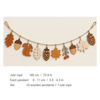 Wooden fall leaf garland dimensions, 180 cm jute rope with pendants 9 to 11 cm tall