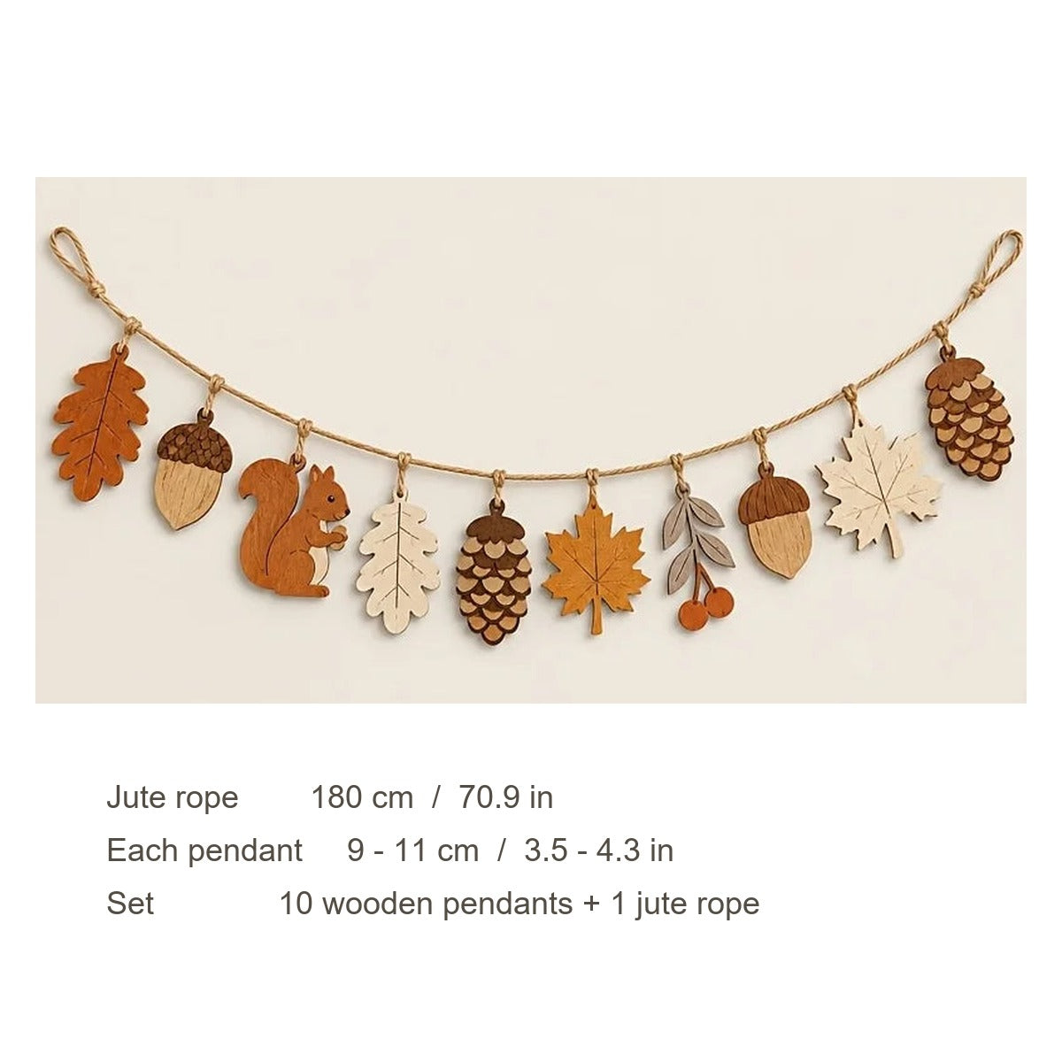 Wooden fall leaf garland dimensions, 180 cm jute rope with pendants 9 to 11 cm tall