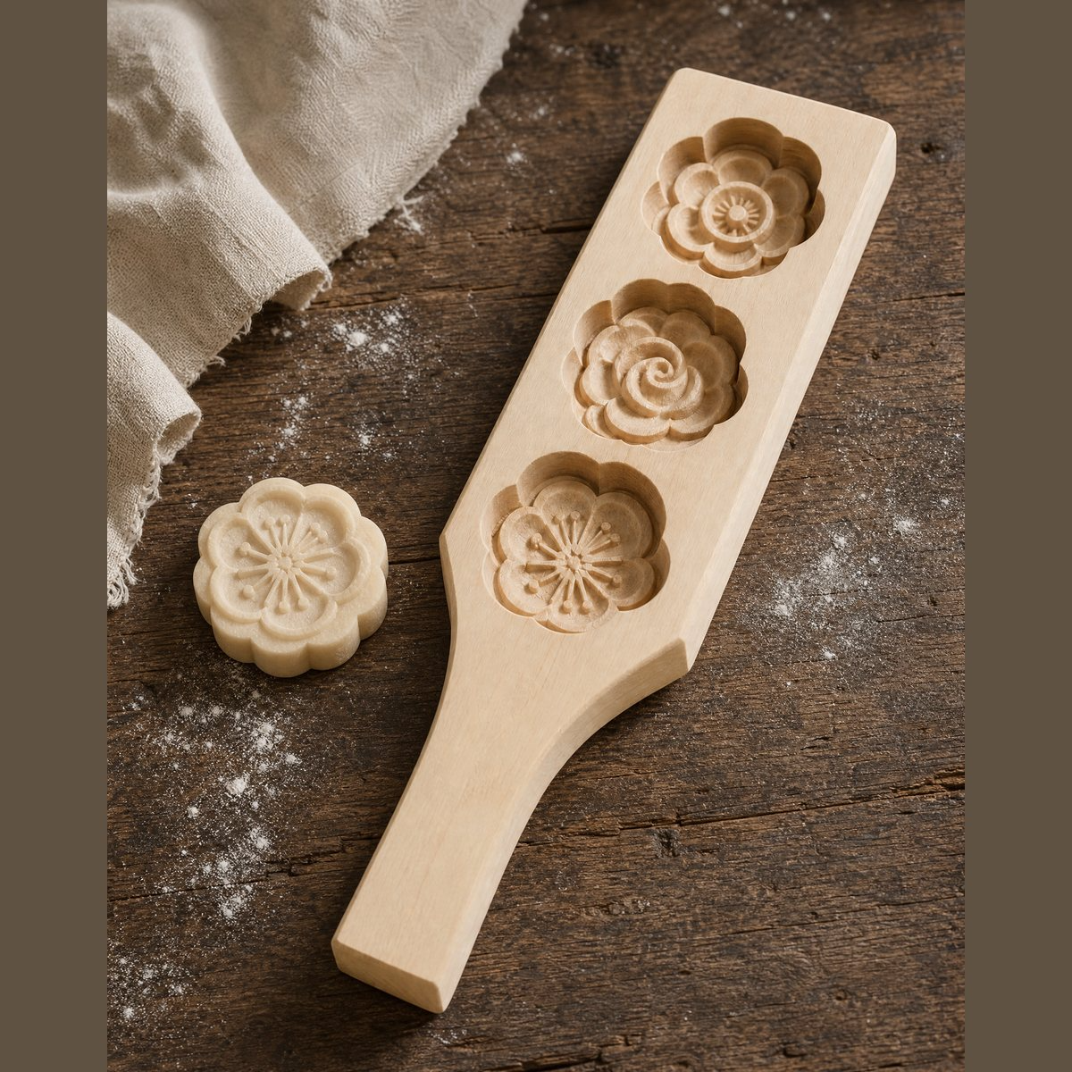 Wooden mooncake mold on a floured  wooden table beside a pressed flower mooncake