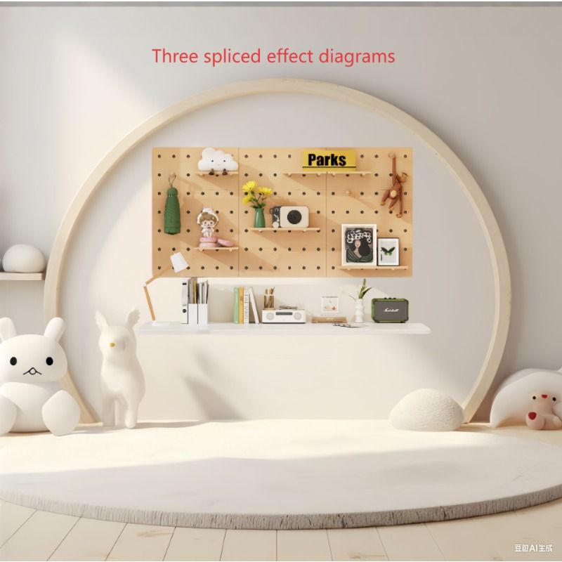 Wooden pegboard with decorative items on a white wall, surrounded by plush toys.