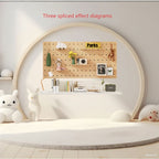 Wooden pegboard with decorative items on a white wall, surrounded by plush toys.