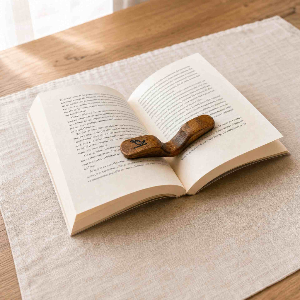 Close-up of the curved wood grain and engraved bird motif on the Serein Home thumb page holder