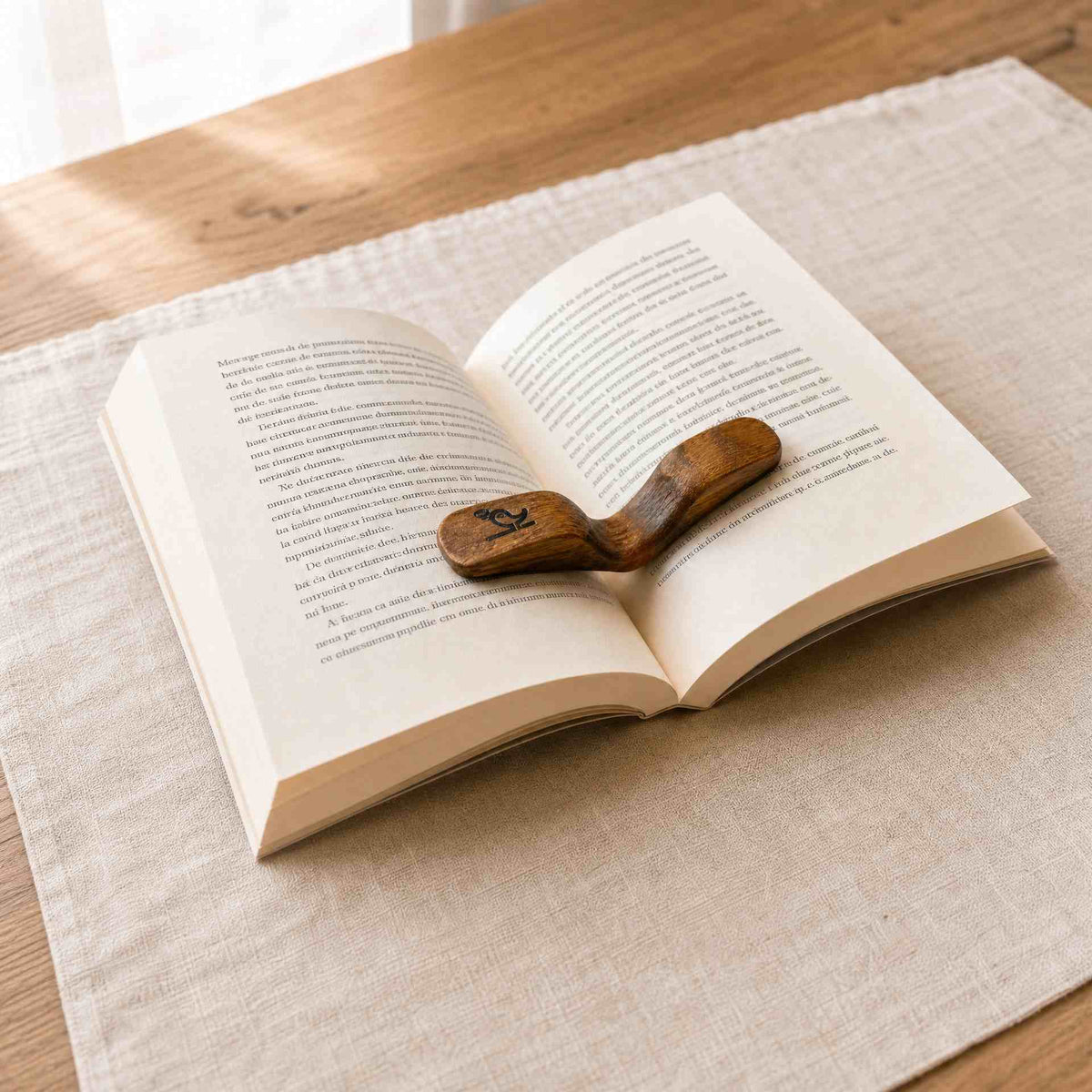 Close-up of the curved wood grain and engraved bird motif on the Serein Home thumb page holder