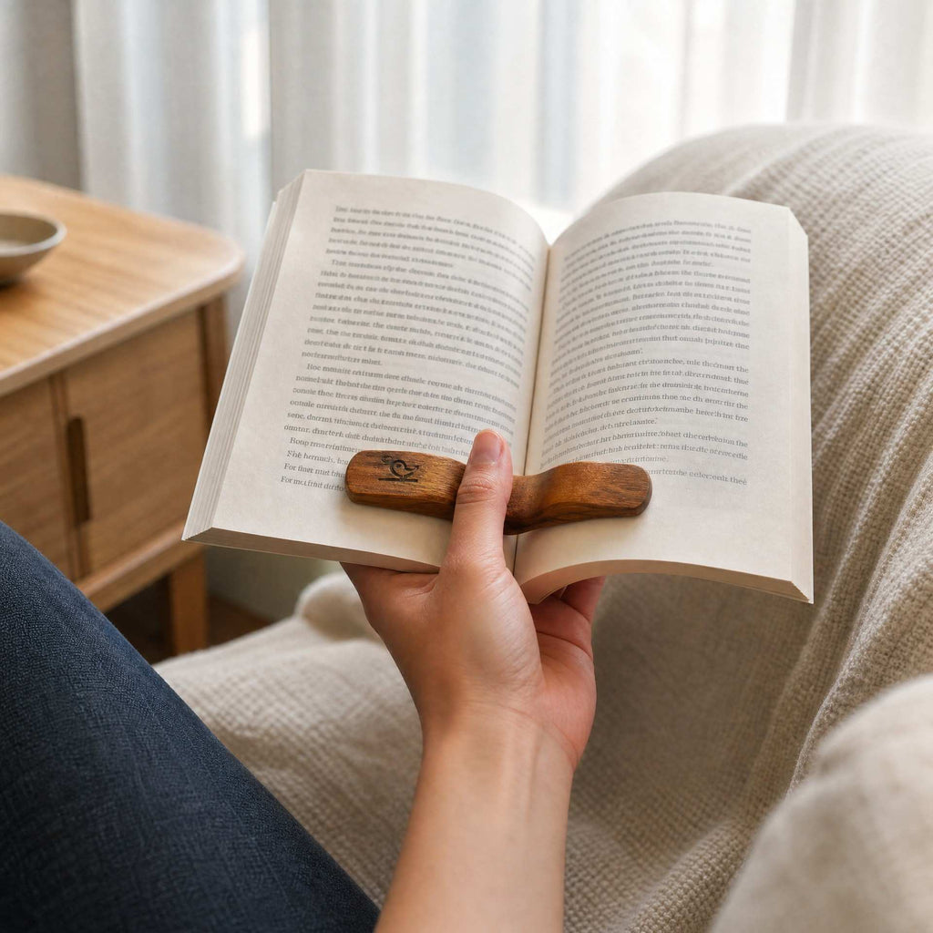 Hand using a Serein Home wooden thumb page holder to keep a paperback open while reading on a sofa