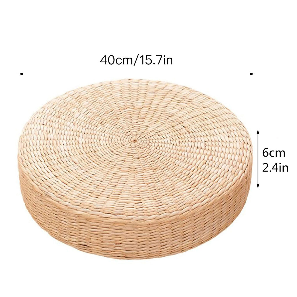 Round straw floor cushion on white, marked 40 cm across and 6 cm high, Serein Home
