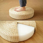 Standing on a straw floor cushion, with a cutaway showing the white foam core inside, Serein Home